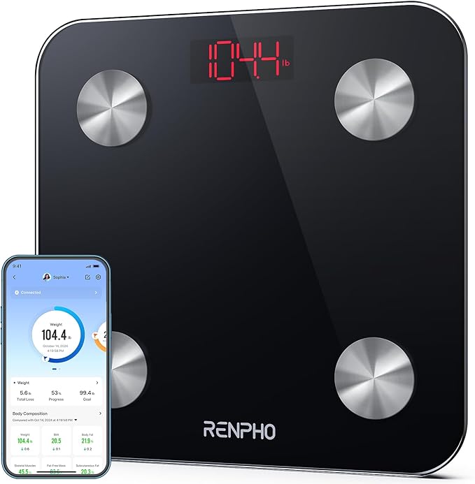 Báscula RENPHO para peso corporal, báscula digital Elis 1 con grasa corporal y peso de agua, Bluetooth, 396 libras