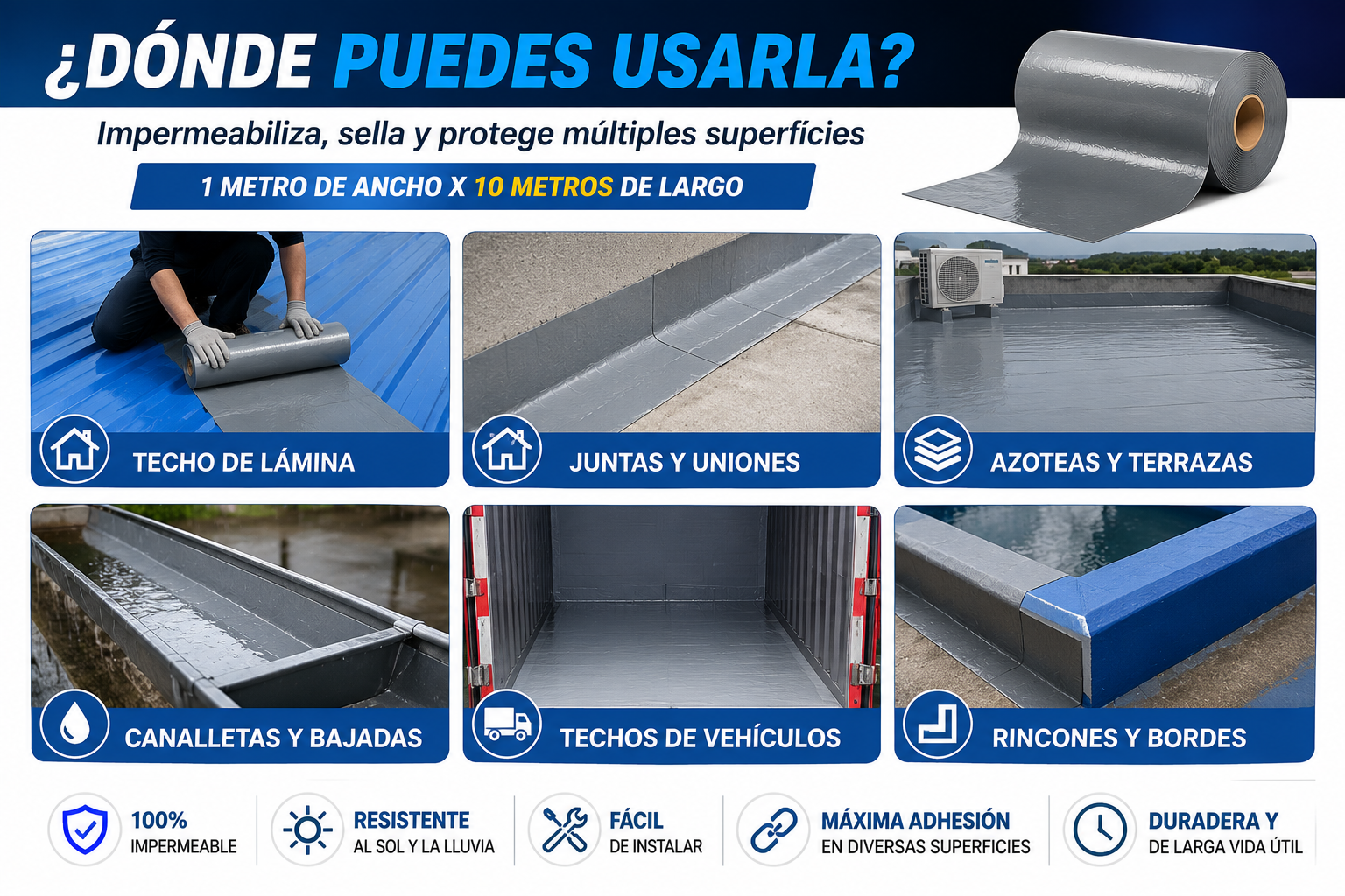 Cinta Adhesiva Impermeable – ¡Resiste Todo! (1m x 10m)